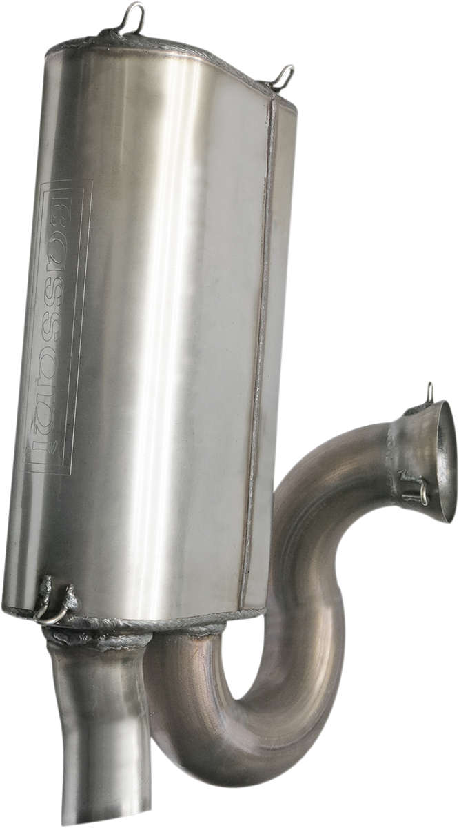 Stainless steel BASSANI XHAUST muffler for Slingshot 6S17, showcasing the sleek metallic finish and exhaust pipe design.