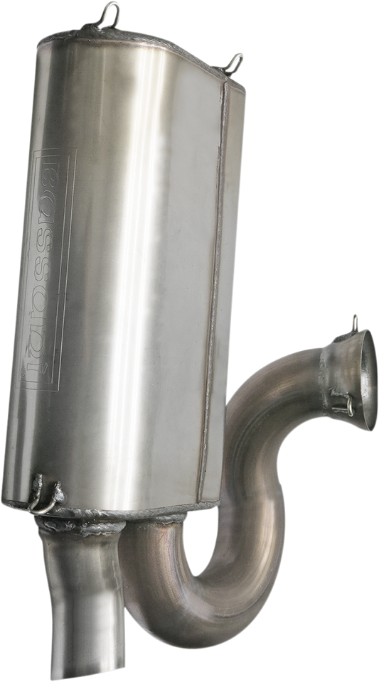 Stainless steel BASSANI XHAUST muffler for Slingshot 6S17, showcasing the sleek metallic finish and exhaust pipe design.