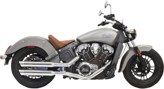 BASSANI XHAUST 3-inch chrome mufflers for Scout motorcycle, showing shiny chrome finish and dual exhaust pipes.