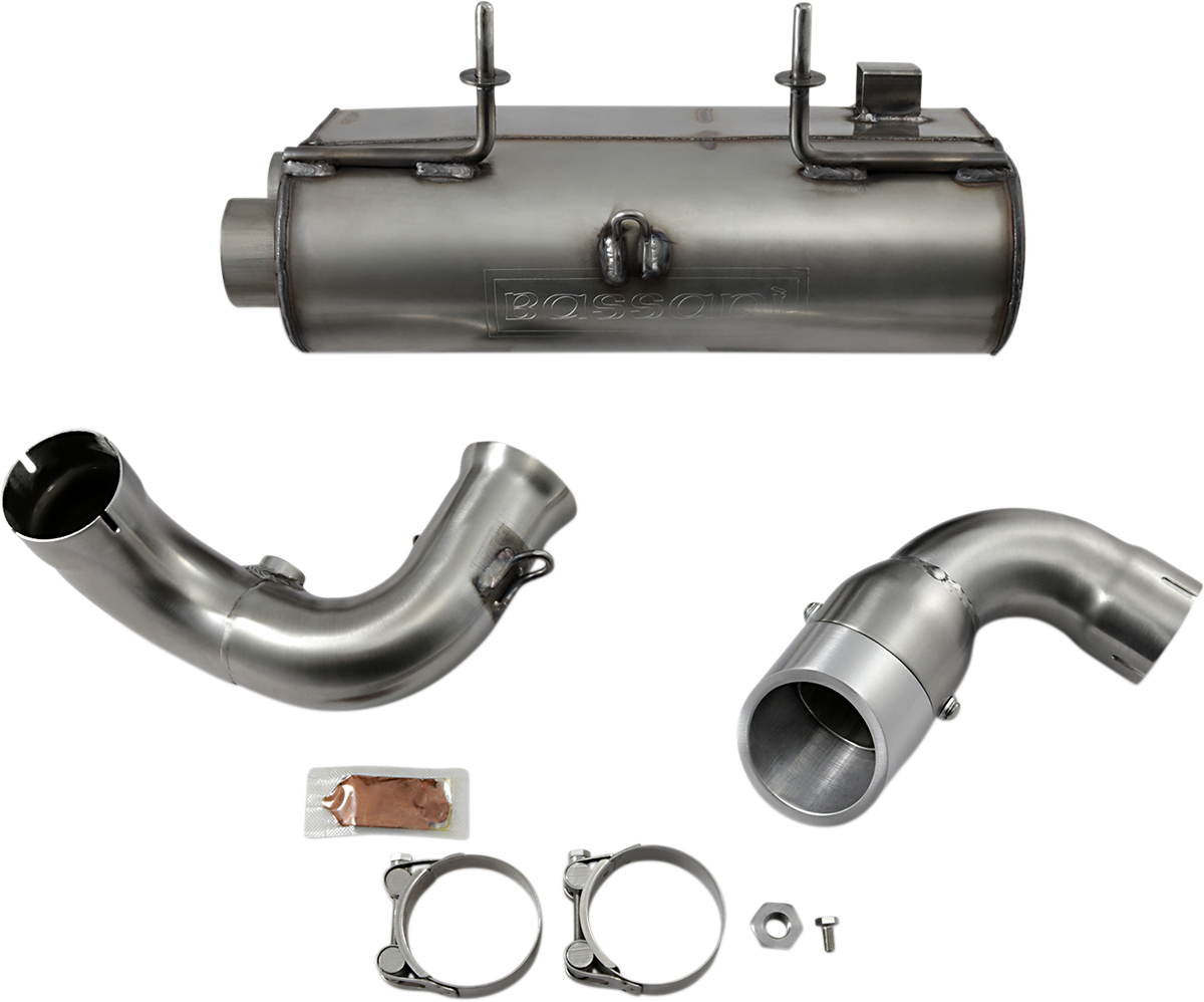 BASSANI XHAUST stainless steel muffler for RZR XP 900, showing the durable, polished exhaust component with mounting hardware.