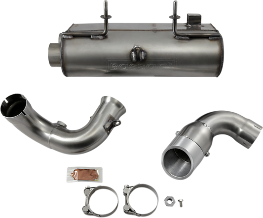 BASSANI XHAUST stainless steel muffler for RZR XP 900, showing the durable, polished exhaust component with mounting hardware.