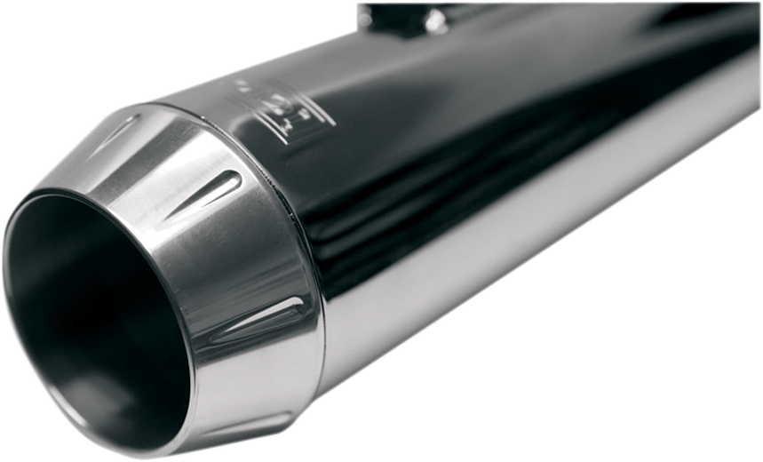 Polished BASSANI XHAUST megaphone end cap, model ENDCAP-LM, with a shiny metallic finish and mounting details.