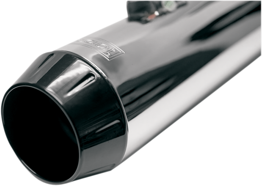 Black BASSANI XHAUST megaphone end cap for motorcycle exhaust, labeled END CAP LMB, shown in the product image.