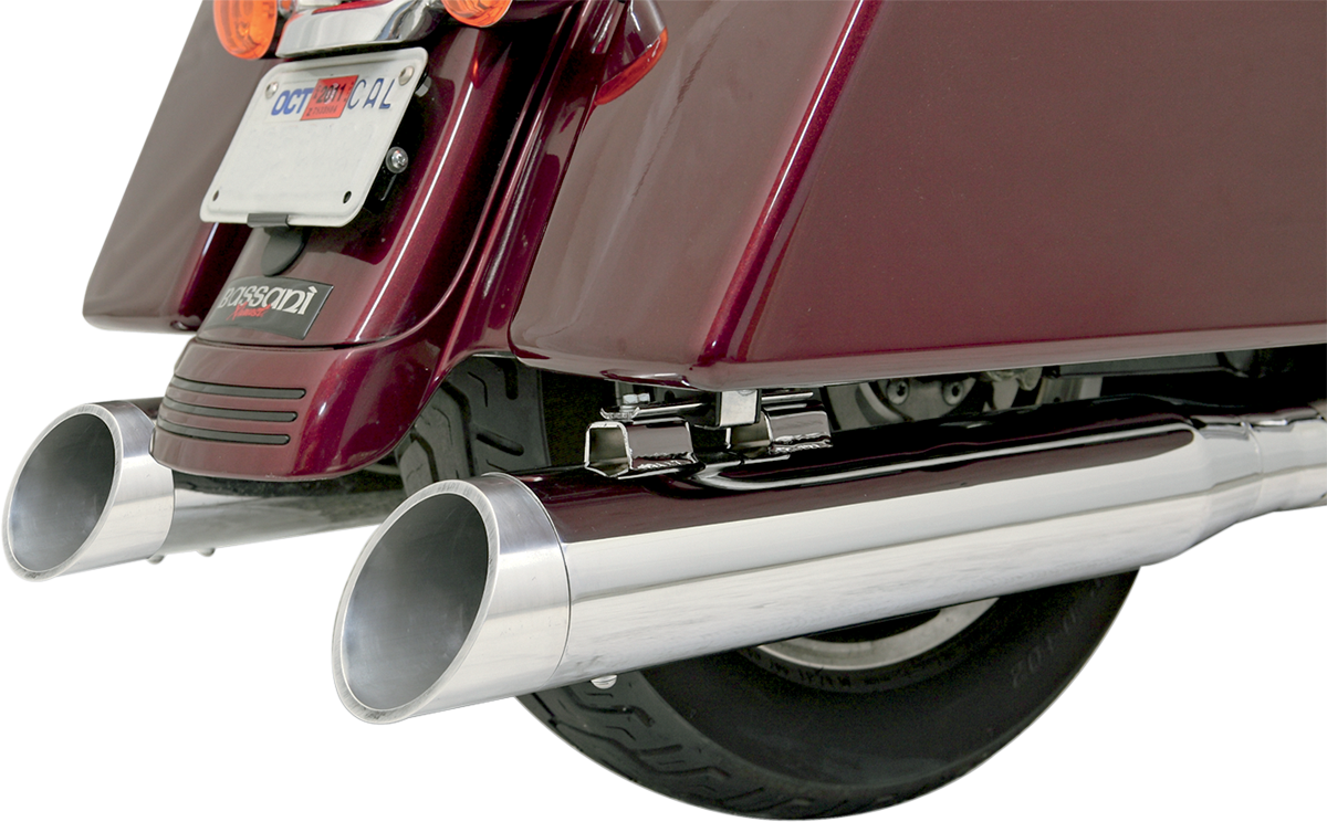 Polished 4-inch slash cut end cap for BASSANI XHAUST motorcycle exhaust system, part BE40S, with reflective chrome finish.