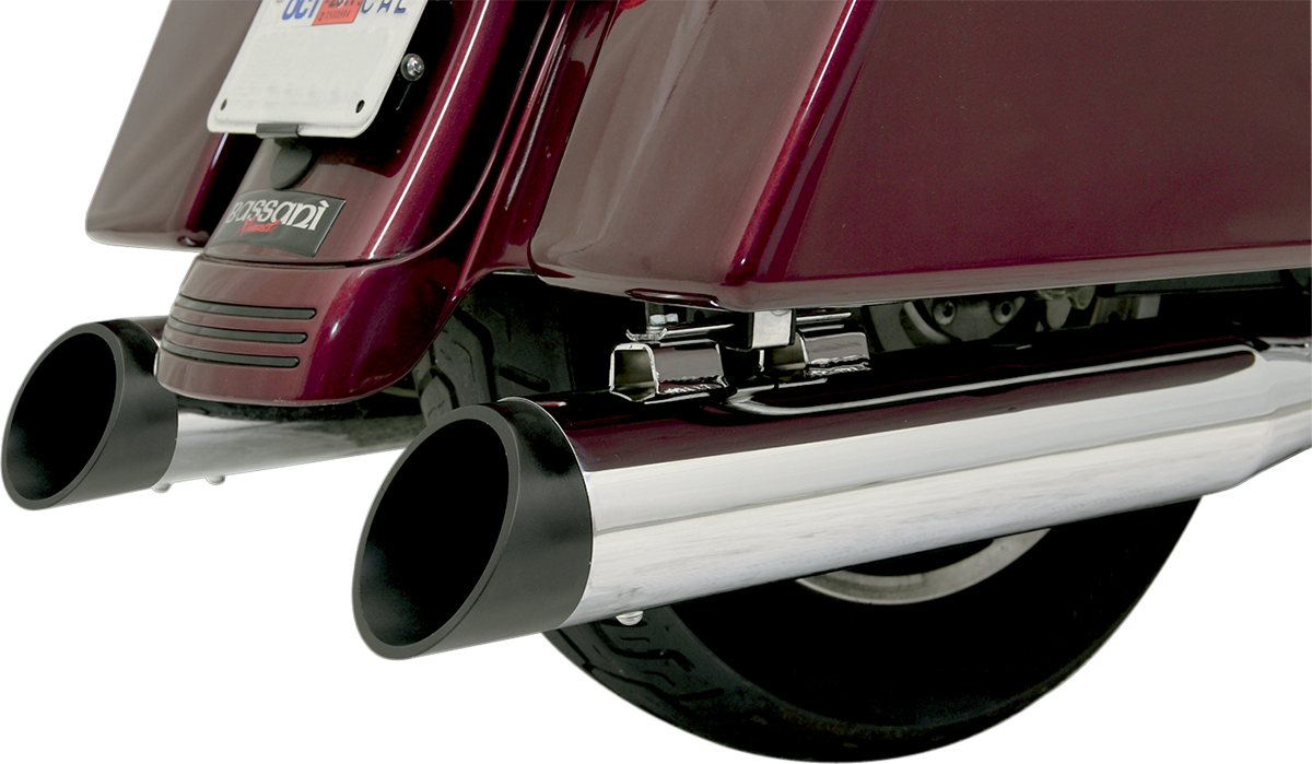 BASSANI XHAUST 4-inch black slash cut end cap for bassani mufflers, shown on a vehicle exhaust system.