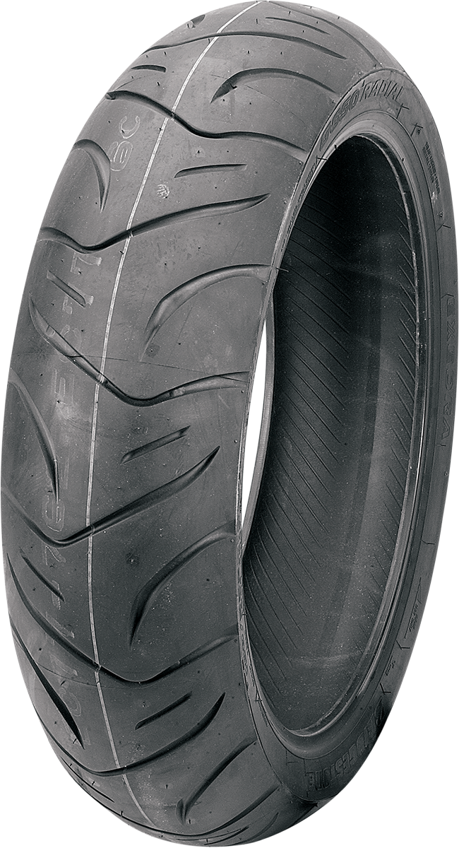 BRIDGESTONE Exedra G850 rear motorcycle tire 180/55ZR18 for large cruisers, showing tread pattern and sidewall details.