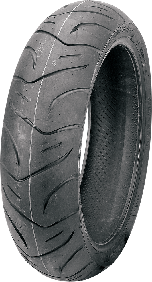 BRIDGESTONE Exedra G850 rear motorcycle tire 180/55ZR18 for large cruisers, showing tread pattern and sidewall details.