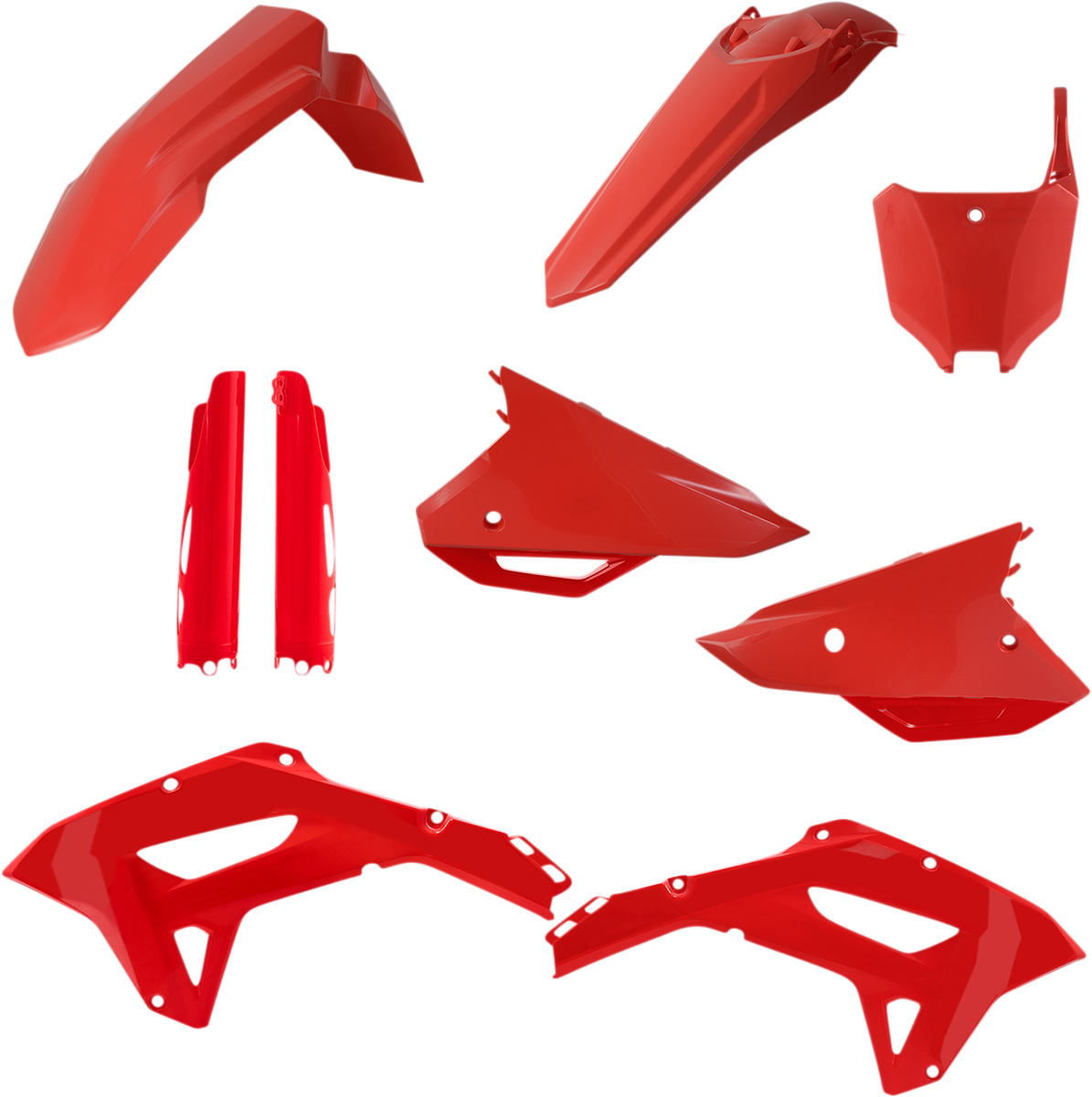 A red Acerbis full replacement body kit for motorcycles, shown on a plain background, designed for a custom or repair project.