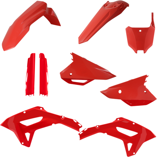 A red Acerbis full replacement body kit for motorcycles, shown on a plain background, designed for a custom or repair project.