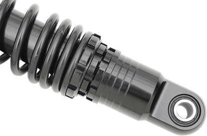 Black 12-inch DRAG SPECIALTIES SHOCKS with premium ride-height adjustability for motorcycle suspension.