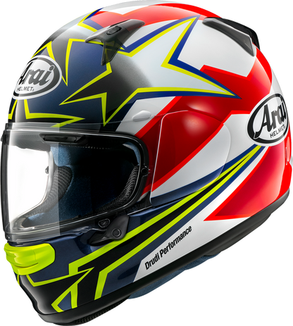 Arai Helmets Regent-X Stars & Stripes Dark XL helmet with patriotic star design, featuring a sleek black and red finish.