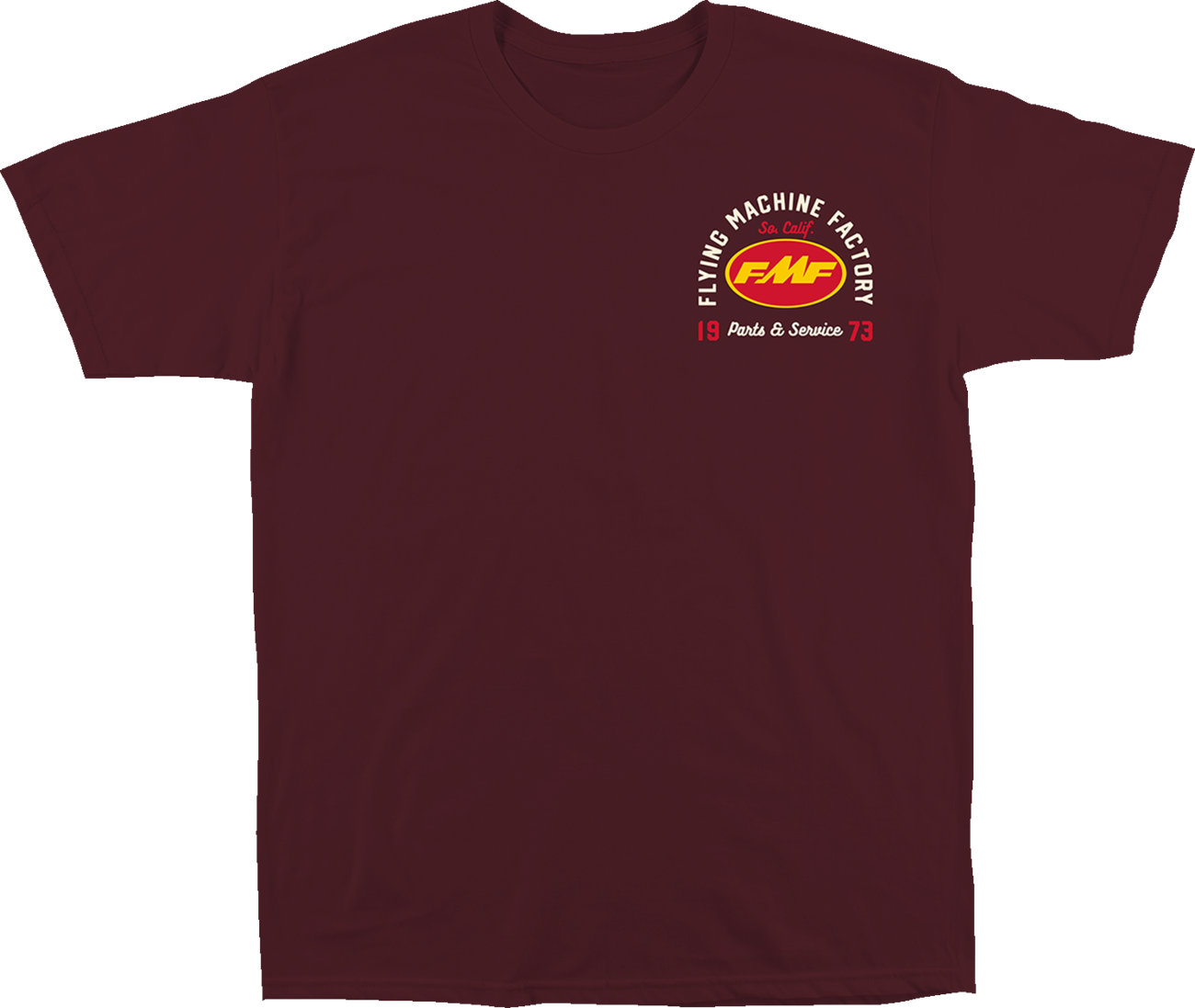 FMF Exhaust Supply Maroon T-Shirt in large size, front view showing logo and design details.