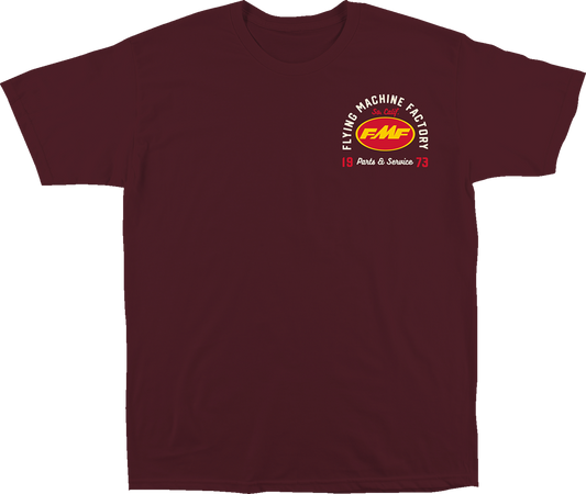 FMF Exhaust Supply Maroon T-Shirt in large size, front view showing logo and design details.