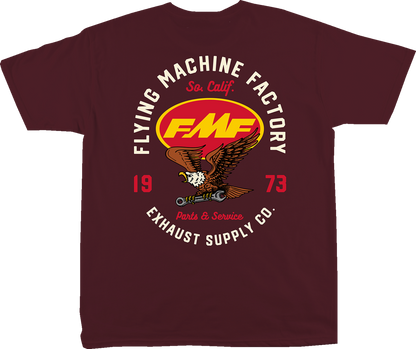 Maroon FMF Exhaust Supply T-Shirt in XL size featuring FMF branding and graphic design on the front.