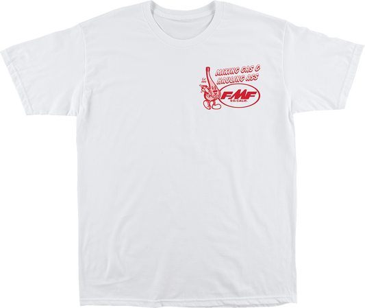 White FMF Top Shelf T-shirt in Medium size, casual fit with graphic design, front view showing fabric and print details.