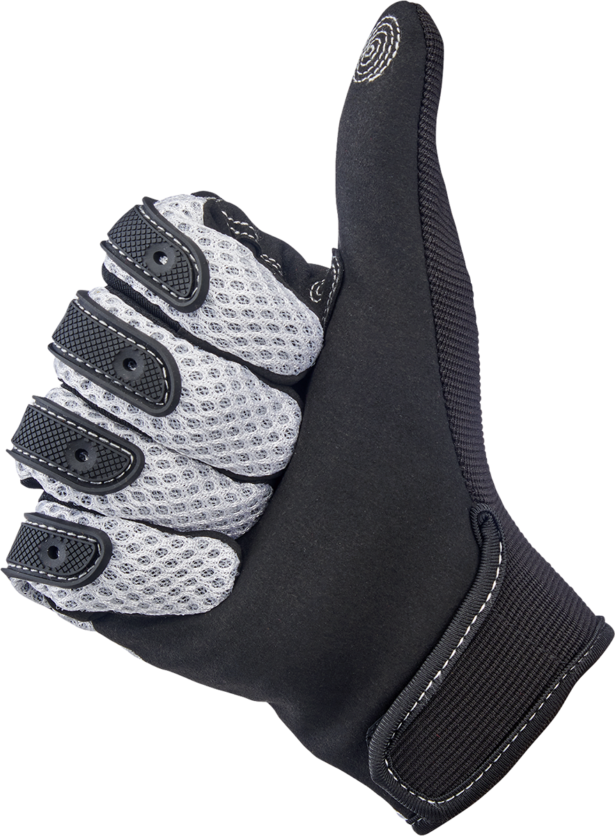 White BILTWELL Anza gloves in large size, showing smooth leather exterior and detailed stitching for motorcycle riding comfort.