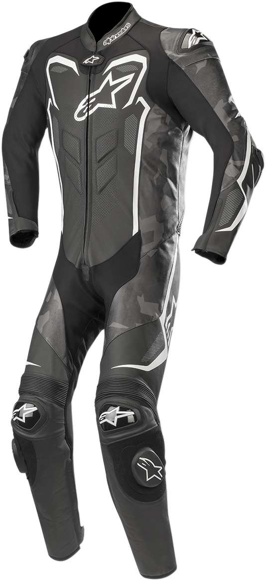 Alpinestars GP Plus v2 Camo leather suit in black, charcoal, and white, showing front view with detailed stitching and armor.