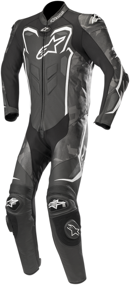 Alpinestars GP Plus v2 Camo leather suit in black, charcoal, and white, showing front view with detailed stitching and armor.