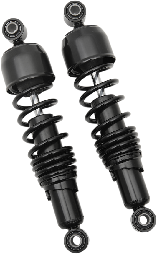Black Drag Specialties shocks, C16-0122GB replacement shock absorbers, 12.5 inches long, for Harley Davidson motorcycles.
