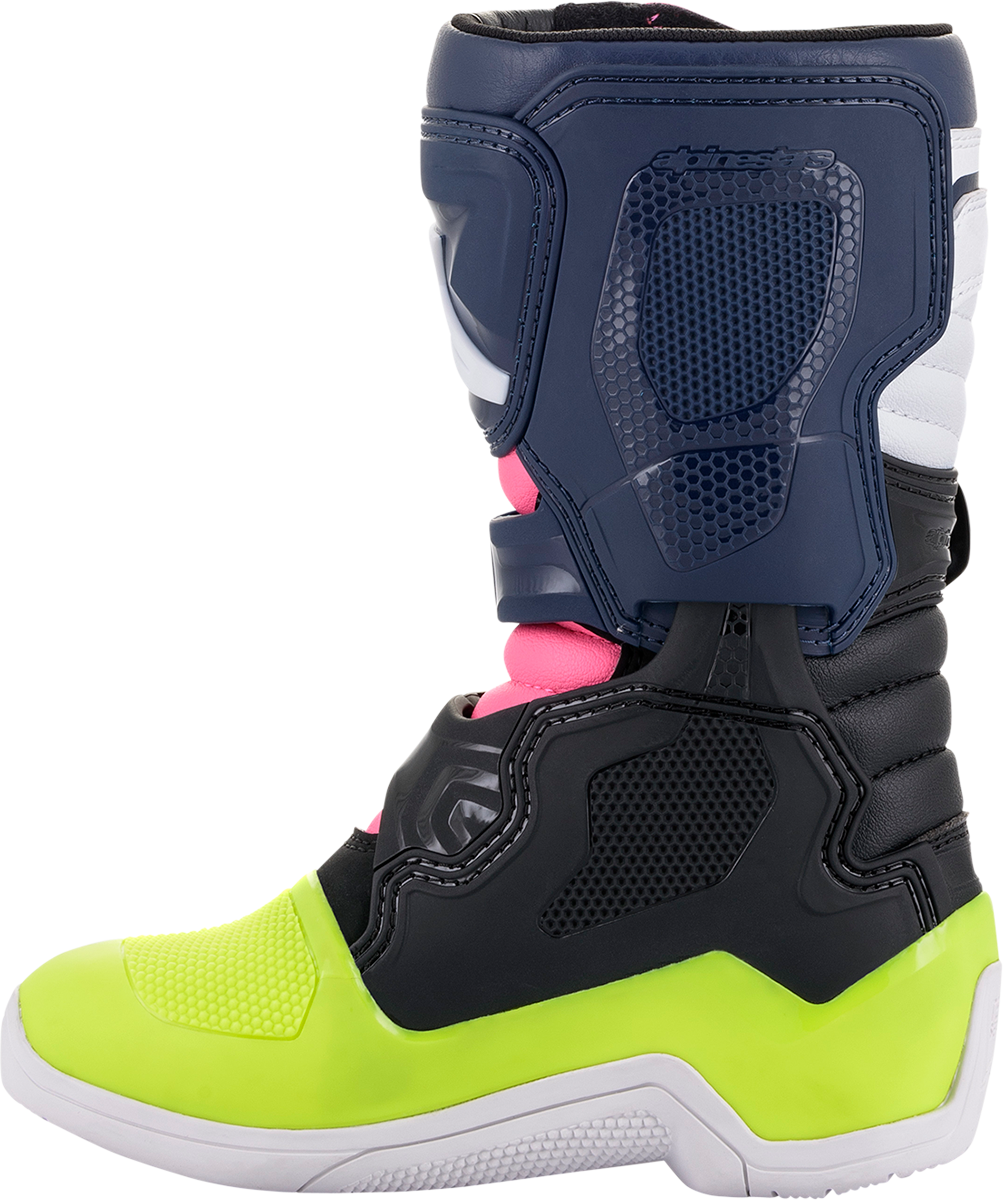 Alpinestars Tech 3S motorcycle boots in black, blue, and pink with sturdy design, US size 12, suitable for riding.