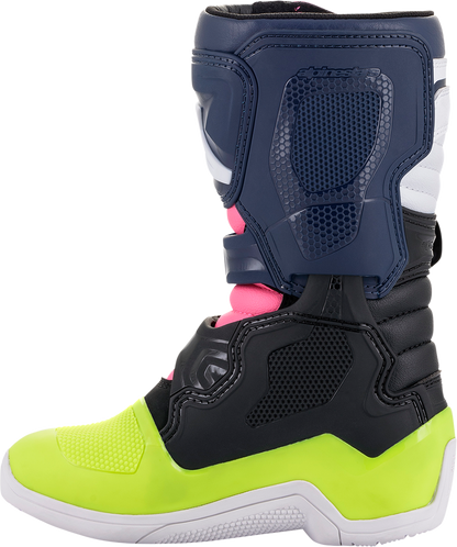 Alpinestars Tech 3S motorcycle boots in black, blue, and pink with sturdy design, US size 12, suitable for riding.