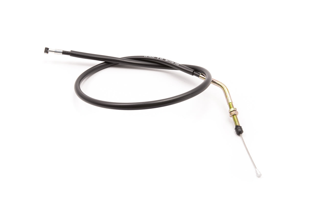 Motion Pro clutch cable for motorcycle, durable and enhanced performance, with flexible black outer casing and metal fittings.
