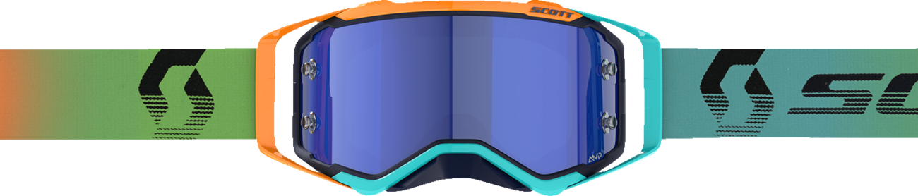 Scott Prospect Amplifier Goggle in blue and orange with blue chrome lens, designed for motorcycle riding and eye protection.