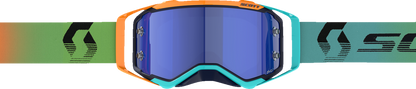 Scott Prospect Amplifier Goggle in blue and orange with blue chrome lens, designed for motorcycle riding and eye protection.