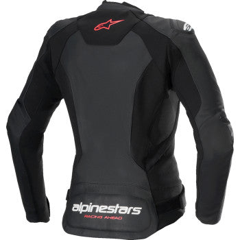 Alpinestars Stella Faster v3 leather motorcycle jacket in black, white fluo, and coral with protective armor, US size 4.