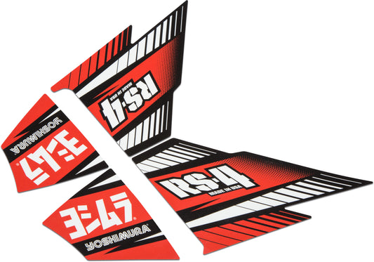 YOSHIMURA RS4-NB005 muffler decal set with four black and white stickers for motorcycle exhaust customization.