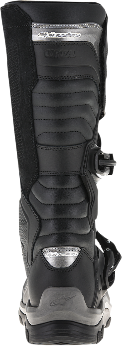 Black Alpinestars Corozal Adventure Boots in US size 10, showcasing durable leather construction and rugged design.