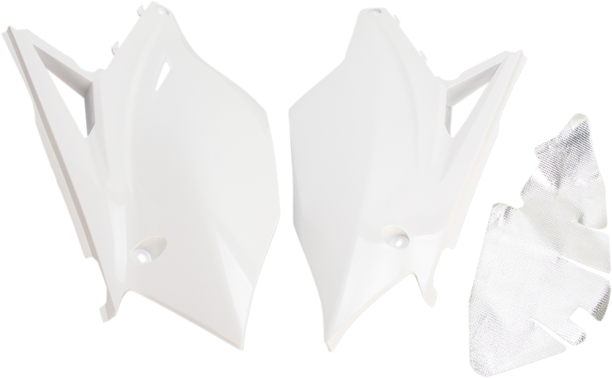 A set of white Acerbis side panels for motorcycle body, featuring clean design and brand-specific styling for custom fit.