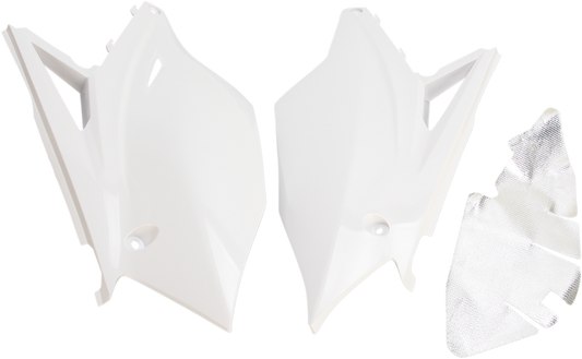 A set of white Acerbis side panels for motorcycle body, featuring clean design and brand-specific styling for custom fit.