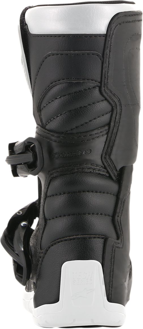 Alpinestars Youth Tech 3S motorcycle boots in black and white, US size 10, featuring protective design and durable materials.