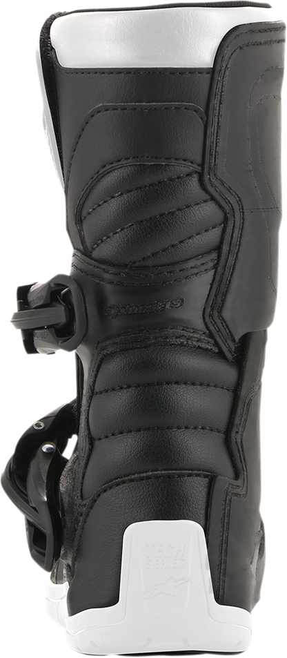 Alpinestars Youth Tech 3S motorcycle boots in black and white, US size 10, featuring protective design and durable materials.