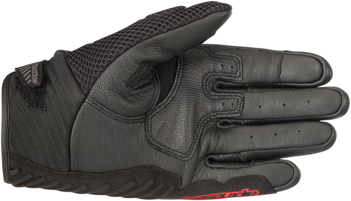 Alpinestars SMX-1 Air V2 motorcycle gloves in black and fluo red with protective padding, small size, designed for riding comfort.