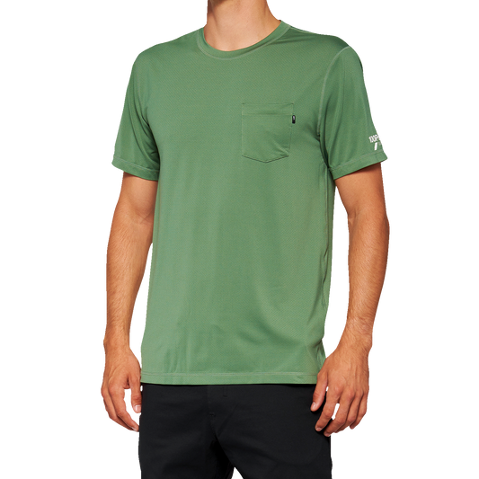 Bill's Exhausts 100% Mission athletic T-shirt in olive color, small size, made from comfortable fabric.