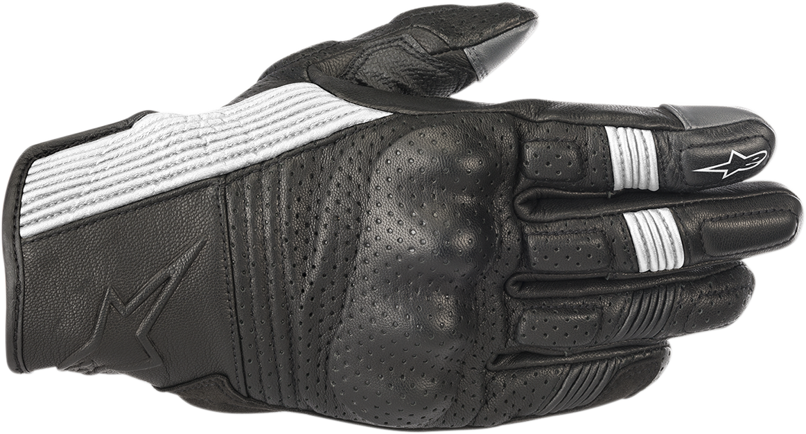 Alpinestars Mustang V2 black and white motorcycle gloves in XL size, featuring protective knuckles and textured grip details.