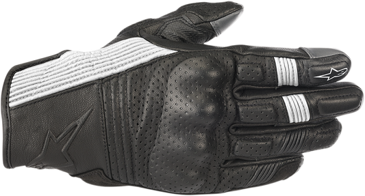 Alpinestars Mustang V2 motorcycle gloves in black and white, size 2XL, with reinforced knuckles and adjustable wrist closure.