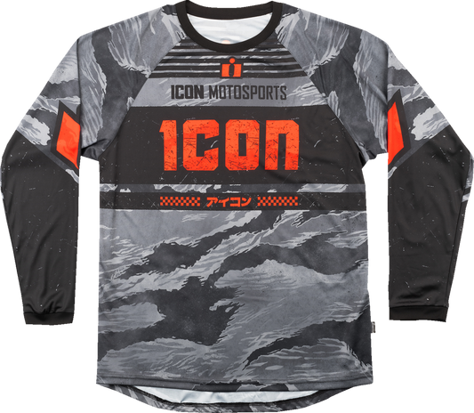 Bill's Exhausts ICON Tiger’s Blood Jersey in gray camo, large size, showcasing a stylish, comfortable jersey with tiger and blood graphic design.