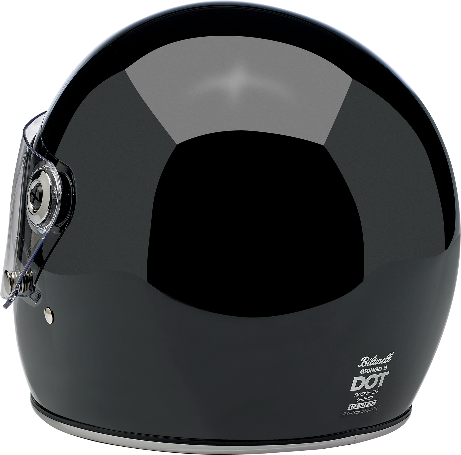 Gloss black BILTWell Gringo S helmet in XS size, featuring a sleek aerodynamic design and secure strap for motorcycle riding.