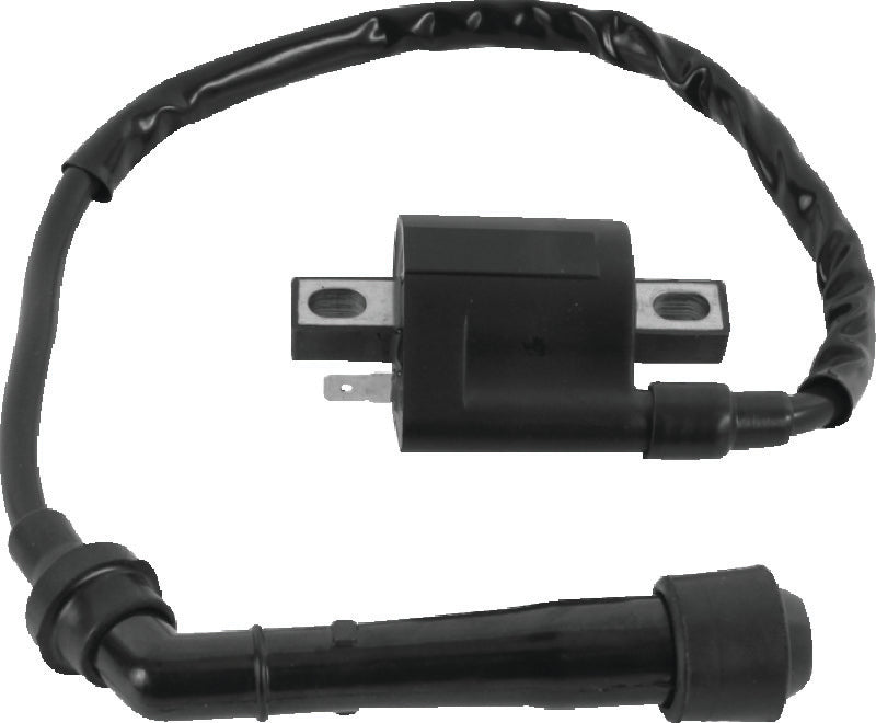QuadBoss ignition coil for Yamaha YFM400 Big Bear, 2000-2004, showing the coil with terminal connections and mounting points.