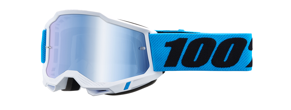 Bill's Exhausts 100% Accuri 2 goggles with blue mirror lenses, featuring a sleek design and adjustable strap.