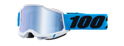 Bill's Exhausts 100% Accuri 2 goggles with blue mirror lenses, featuring a sleek design and adjustable strap.