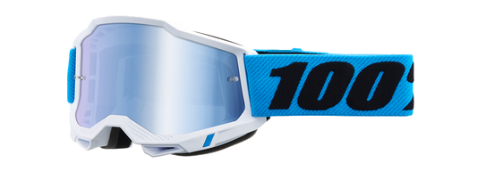 Bill's Exhausts 100% Accuri 2 goggles with blue mirror lenses, featuring a sleek design and adjustable strap.