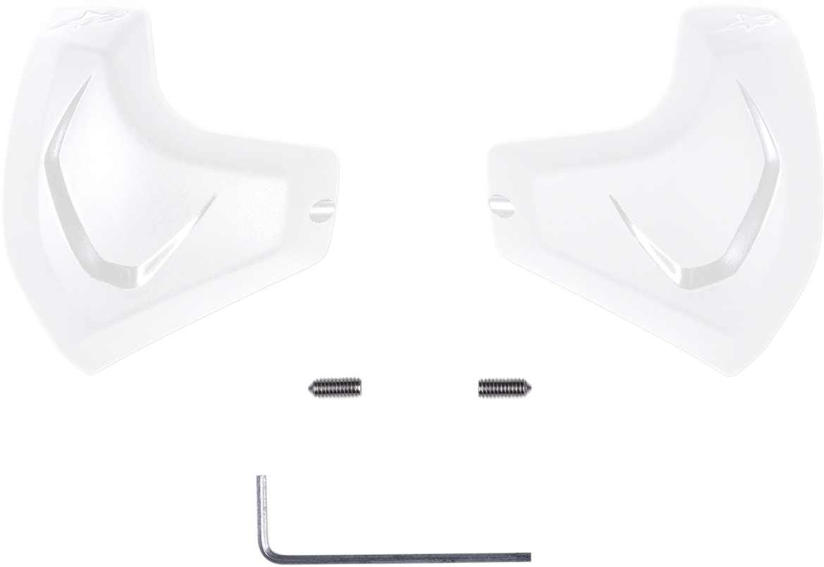 White Alpinestars elbow sliders for motorcycle racing, featuring durable protective padding and sleek design.