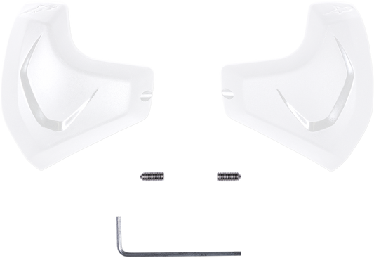 White Alpinestars elbow sliders for motorcycle racing, featuring durable protective padding and sleek design.