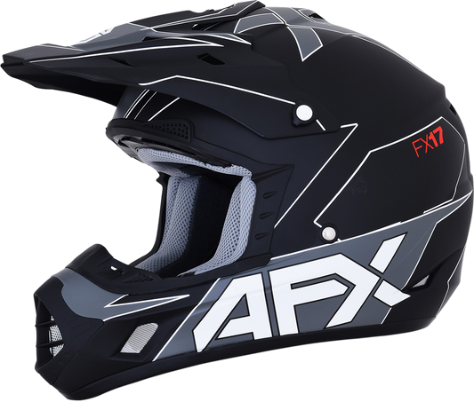 Bill's Exhausts AFX FX-17 Aced matte black and white 2XL helmet with sleek design and clear visor, shown from side view.