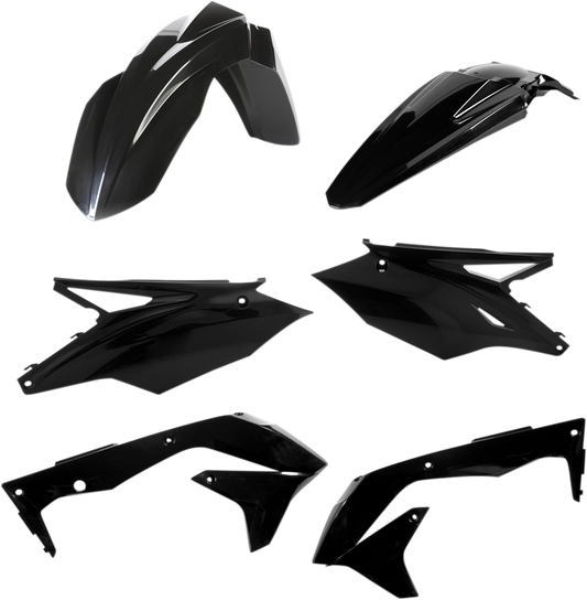 A black Acerbis standard replacement body kit for motorcycles, designed for durability and a sleek appearance.