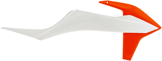 Acerbis radiator shrouds in white and orange for motorcycle body, designed for off-road or dirt bike models.